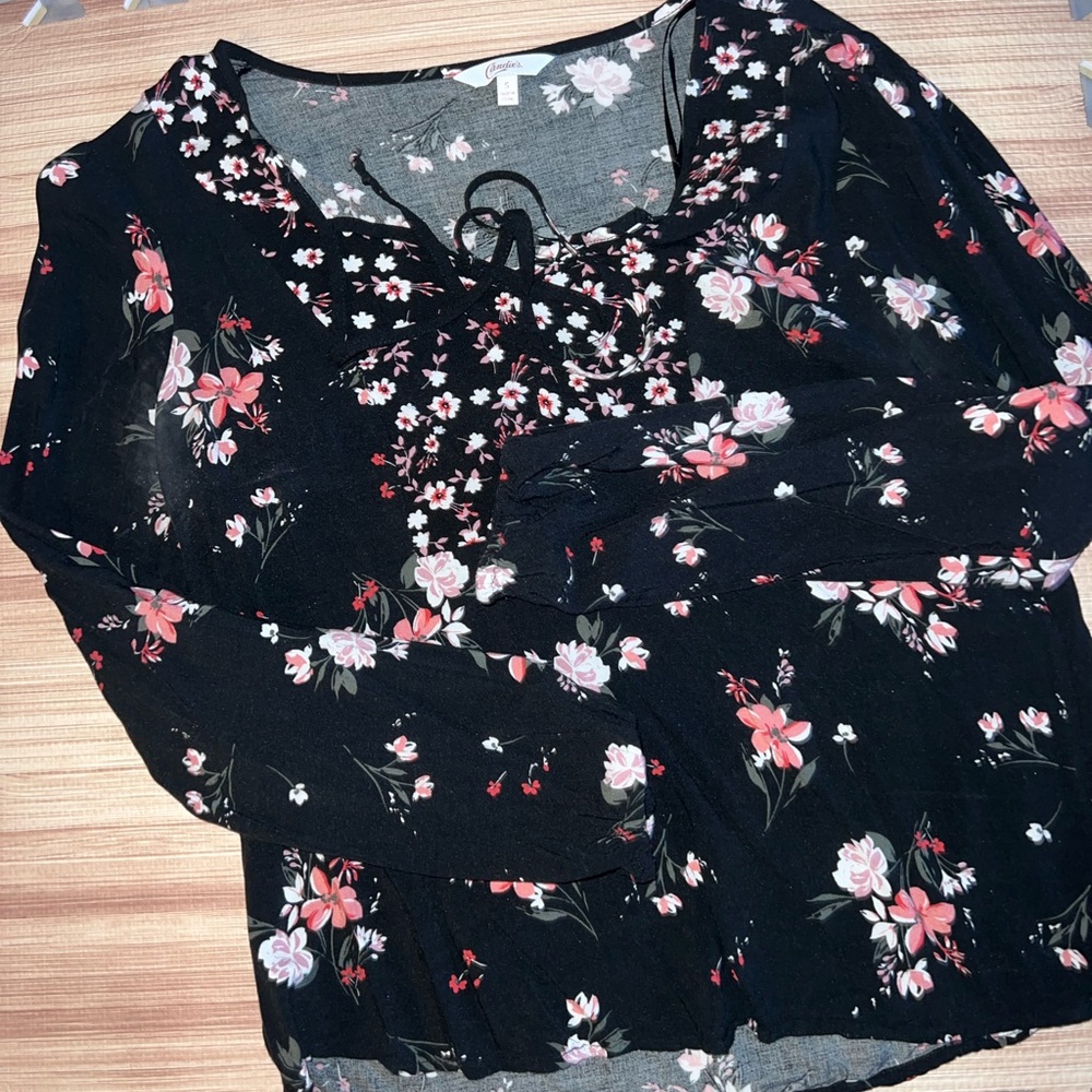 Black blouse with pink florals